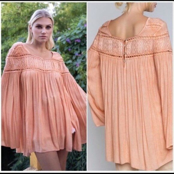 𝅺WOVEN Gauze Tunic w/ Lace Contrast & Bell Sleeves - Picture 6 of 14